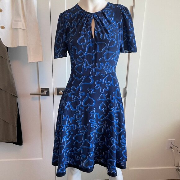 Tara Jarmon Paris SS Fit & Flare Print Partial Lined 100% Silk Dress Blue Sz 36 - Picture 1 of 14